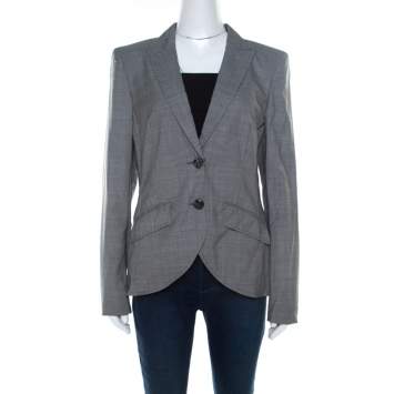 Escada Grey Wool Blend Houndstooth Patterned Double Button Blazer M 