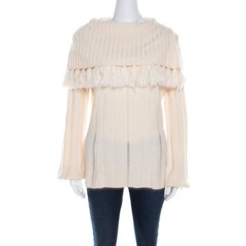 Pre Owned Escada Ivory Chunky Knit Wool and Silk Fringed Roll Neck Swanhilde Sweater L