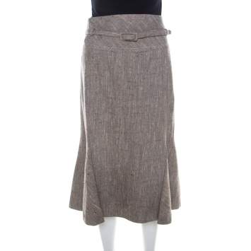 Pre Owned Escada Grey Silk and Wool Textured Belted Godet Skirt XXL