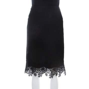 Pre Owned Escada Black Knit Lace Applique Detail Ralace Pencil Skirt L