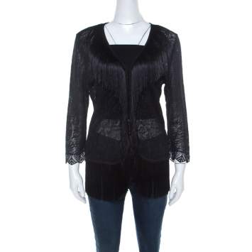 Pre Owned Escada Black Crochet Fringe Detail Cardigan L 