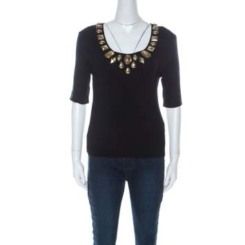 Escada Navy Blue Rib Knit Gold Embellished Neckline Three Quarter Sleeve Top M 