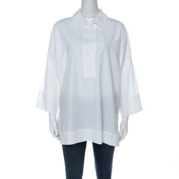 Pre Owned Escada White Cotton Drop Shoulder Three Quarter Sleeve Collared Top L 
