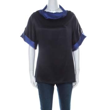 Pre Owned Escada Black and Indigo Silk Turtleneck Short Sleeve Top M 
