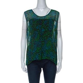 Pre Owned Escada Bicolor Leopard Print Georgette Sleeveless Sheer Top L