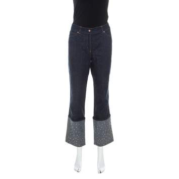 Pre Owned Escada Blue Dark Wash Denim Turn Up Embellished Hem Jeans M
