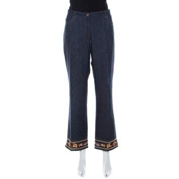Pre Owned Escada Indigo Denim Floral Embroidered Straight Leg Jeans XL 