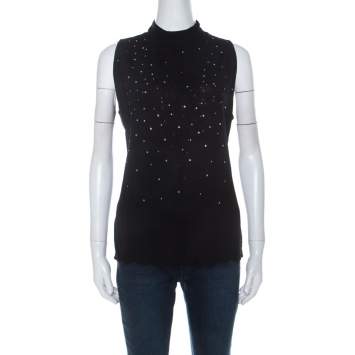 Pre Owned Escada Black Stretch Wool Embellished Sleeveless Lace Top XL