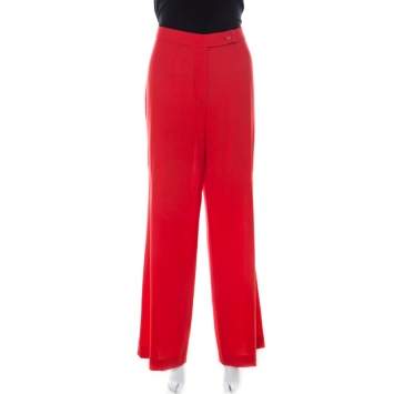 Pre Owned Escada Red Crepe Wool Wide Leg Trousers L