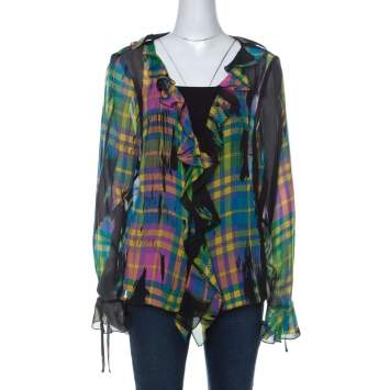 Pre Owned Escada Multicolor Plaid Print Silk Ruffle Detail Button Front Shirt XL