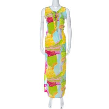 Pre Owned Escada Multicolor Printed Silk Side Slit Detail Maxi Dress XL 