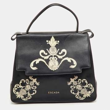 مملوكة مسبقًا Escada Black Leather Elegant Baroque Print Top Handle Bag
