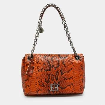 مملوكة مسبقًا Escada Logo Flap Orange/Black Python Embossed Leather Shoulder Bag