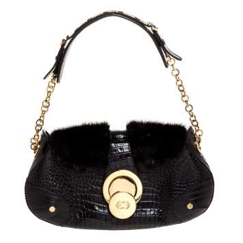 Pre Owned Escada Black Croc Embossed Leather and Mink Fur Ring Flap Shoulder Bag