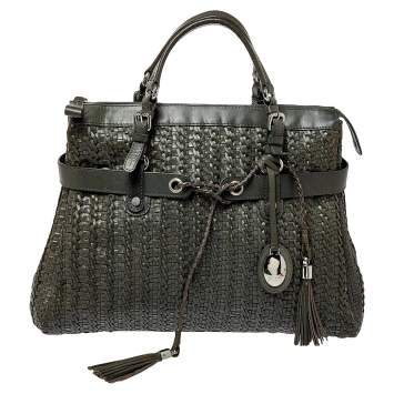 Pre Owned Escada Green Woven Leather Tassel Tote