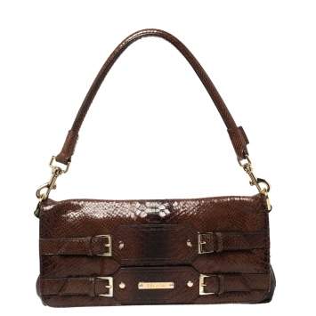 Pre Owned Escada Ombre Brown Python Embossed Leather Buckle Flap Shoulder Bag