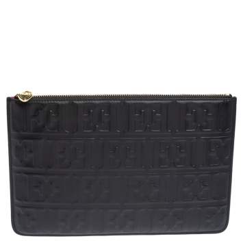 Pre Owned Escada Black Monogram Embossed Leather Top Zip Pouch