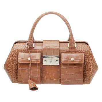 Pre Owned Escada Brown Croc Embossed Leather Satchel