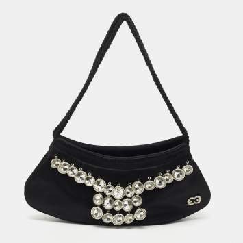 Pre Owned Escada Black Satin Crystals Embellished Clutch Bag