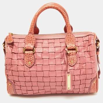 Pre Owned Escada Pink Woven Leather and Croc Embossed Zip Satchel