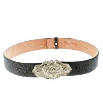 Pre Owned Etro Grey Stingray Leather Buckle Detail Belt Size 90 CM