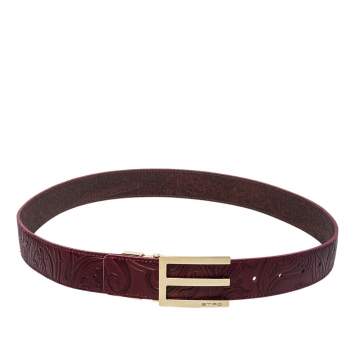 Pre Owned Etro Burgundy Leather Buckle Detail Belt 105 CM