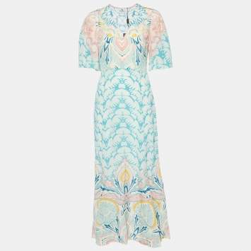 Pre Owned Etro Blue Printed Silk Crepe V-Neck Long Dress M