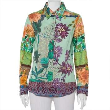 Pre Owned Etro Green Printed Cotton Button Front Shirt L