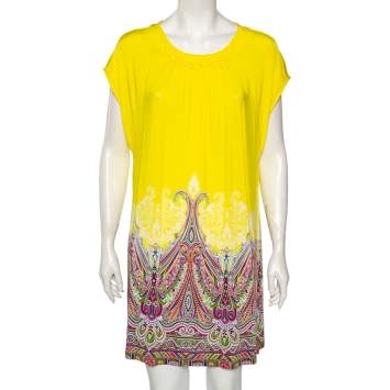 Pre Owned Etro Yellow/Paisley Printed Jersey Gathered Yoke Detailed Dress M/L