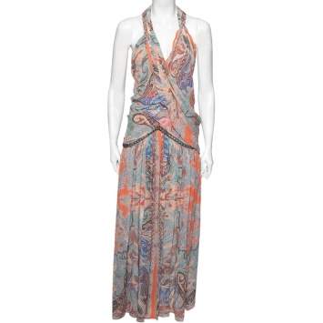 Pre Owned Etro Multicolor Printed Silk Pleated Front Halter Neck Ruffle Maxi Dress S
