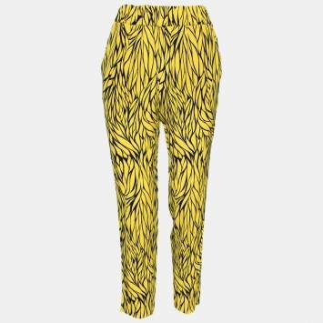Pre Owned Etro Yellow and Black Leaf Printed Silk Elasticized Waist Pants M