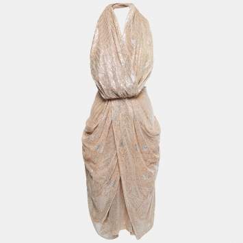 Pre Owned Etro Beige Metallic Silk Knit Backless Draped Midi Dress L