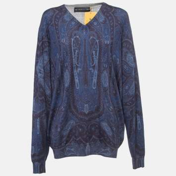 Pre Owned Etro Dark Blue Paisley Wool & Silk Knit V-Neck Sweater 3XL