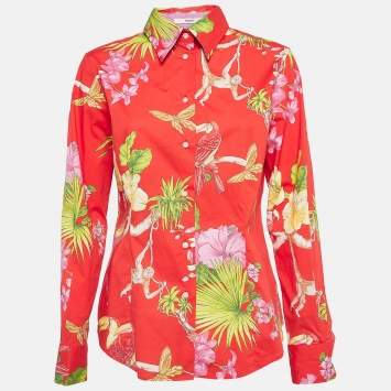 Pre Owned Etro Red Tropical Print Cotton Shirt L