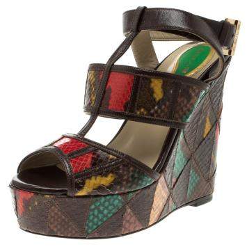 Pre Owned Etro Multicolor Embossed Python Leather Ankle Strap Wedge Sandals Size 36