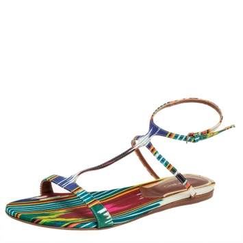 Pre Owned Etro Multicolor Satin Flat  T-Strap Flat Sandals Size 38
