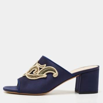 Pre Owned Etro Navy Blue Satin Slide Sandals Size 40