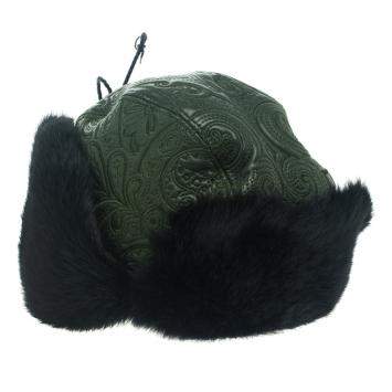Pre Owned Etro Dark Green Leather and Rabbit Fur Aviator Hat M