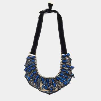 Pre Owned Etro Blue Silk Brocade Crystal Bead Statement Fabric Necklace