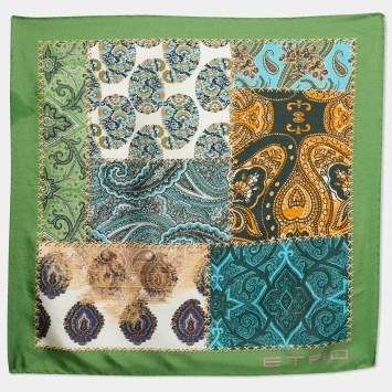 Pre Owned Etro Green Paisley Print Silk Handkerchief Scarf
