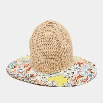 Pre Owned Etro Beige/Purple Printed Cotton and Raffia Hat
