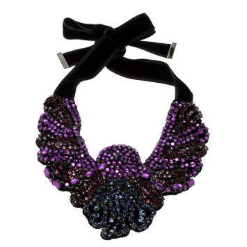 Pre Owned Etro Crystal Studded Bib Black Fabric Necklace