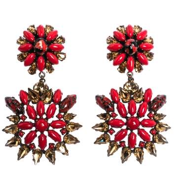 Pre Owned Etro Multicolor Crystal Flower Gold Tone Clip-on Drop Earrings