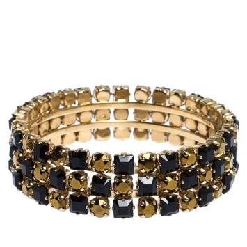 Pre Owned Etro Bi-color Crystal Gold Tone Wide Bangle Bracelet
