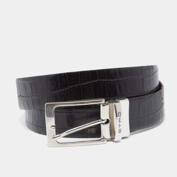Pre Owned Etro Black/Purple Croc Embossed Leather Reversible Cut to Size Buckle Belt