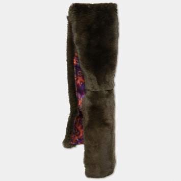Pre Owned Etro Olive Green Rabbit Fur & Paisley Printed Silk Stole