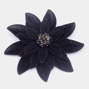 Pre Owned Etro Black Floral Crystal Embellished Fabric Brooch 