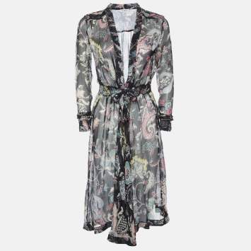 Pre Owned Etro Black Printed Silk V Neck Midi Dress S