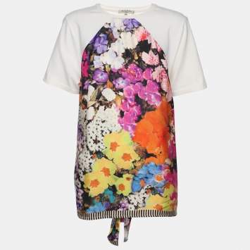 Pre Owned Etro Cream/Multicolor Cotton and Printed Silk T-Shirt M