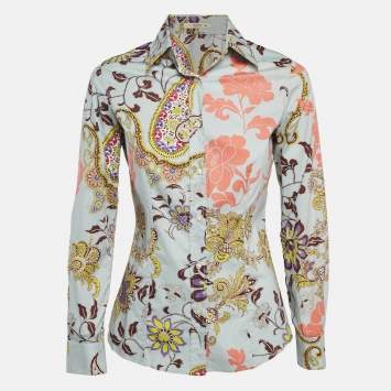 Pre Owned Etro Blue Floral Print Stretch Cotton Shirt S